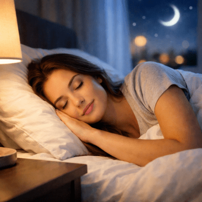 Jeune femme dormant paisiblement dans son lit la nuit, illustrant les bienfaits de la mélatonine sur le sommeil réparateur
